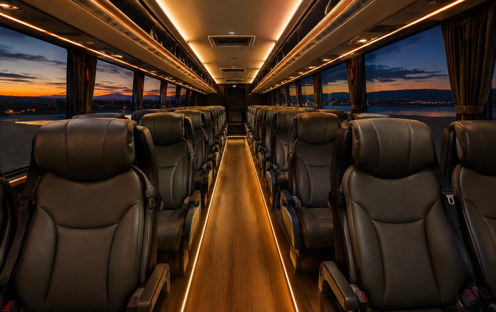 Luxury charter bus interior with leather reclining seats and warm lighting
